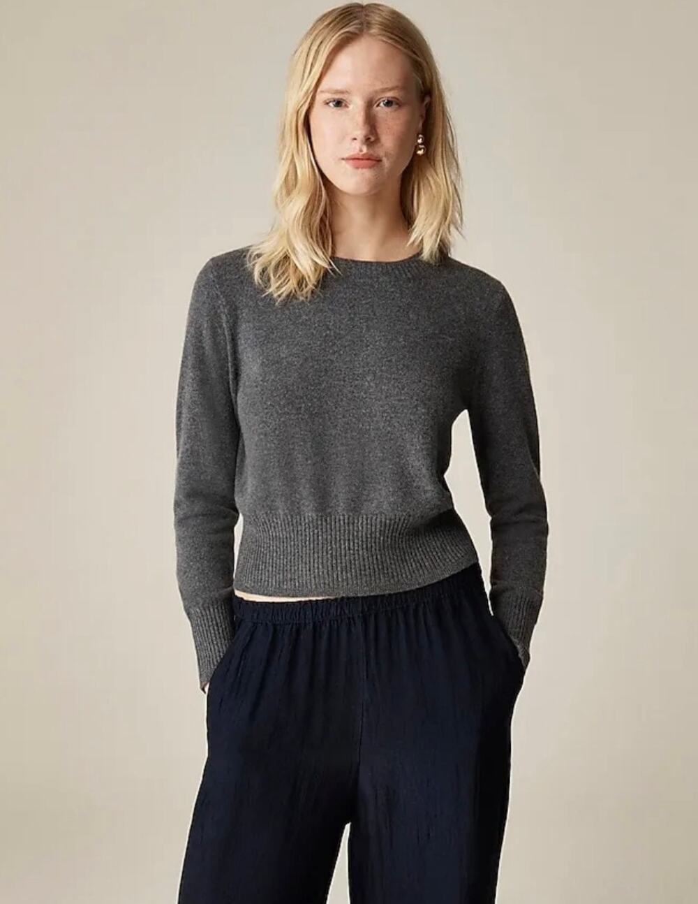 J. Crew Cashmere Shrunken Crewneck Sweater Long Sleeve Gray Small Classic